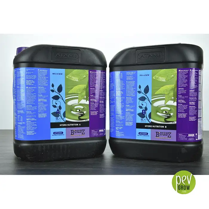 Black plastic jar of 5L Hidro Nutrition of Atami flowering enhancer.