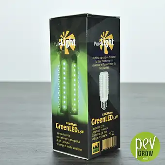 Green Led Pure Light bulb for working in the dark in a small carton pack.