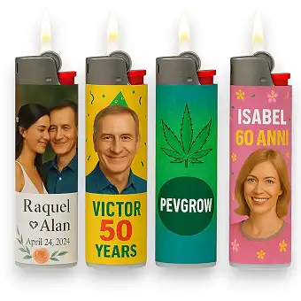 Custom BIC lighters featuring designs for a wedding, Victor's 50th birthday, Isabel's 60th, and Pevgrow branding
