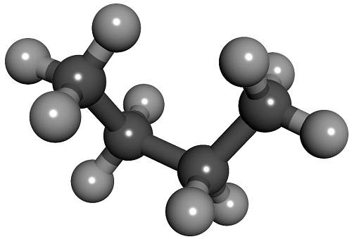 Molécula de butano (C4H10) representado en modelo de bolas.