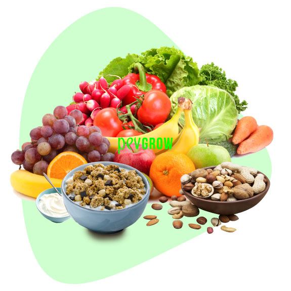 Image of an example of healthy food with fruits, vegetables and nuts*