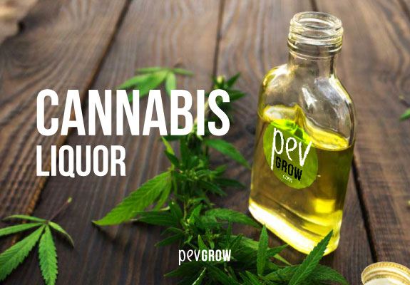 Image with a bottle of PEV brand marijuana liquor and scattered cannabis leaves