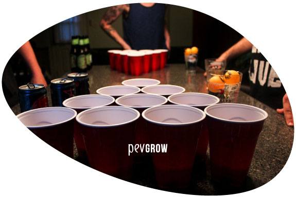 Photograph of several plastic cups in formation to play ball shooting*