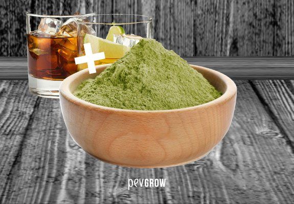 Picture of a bowl with Kratom next to a glass with an alcoholic beverage.