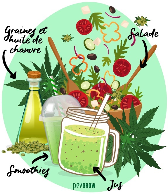 Image de jus et smoothies, et autour des verres de fruits et bourgeons de cannabis
