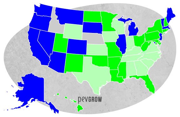 Image de la carte des Etats-Unis où vous pouvez voir en vert les états où la marijuana médicale est légale et en bleu les états où le cannabis récréatif et médical est légal *