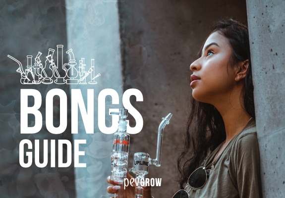 Image of a girl holding a bong while looking at the different types available.