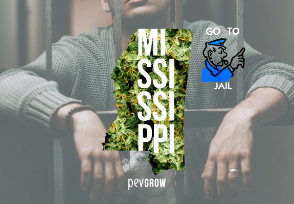 Map of Mississippi with a background of marijuana plants and in the background a man behind bars.