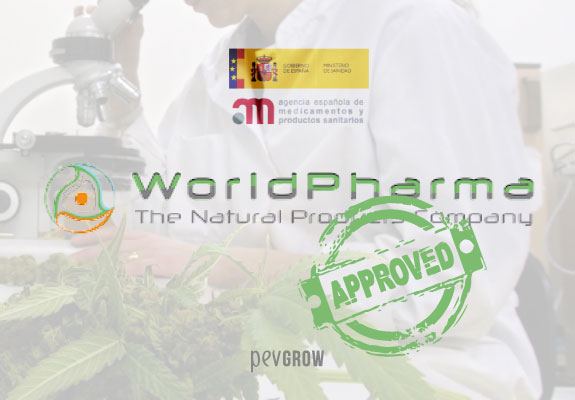 Image of the Worldpharma Biotech logo with the AEMPS approval stamp for cannabis research.