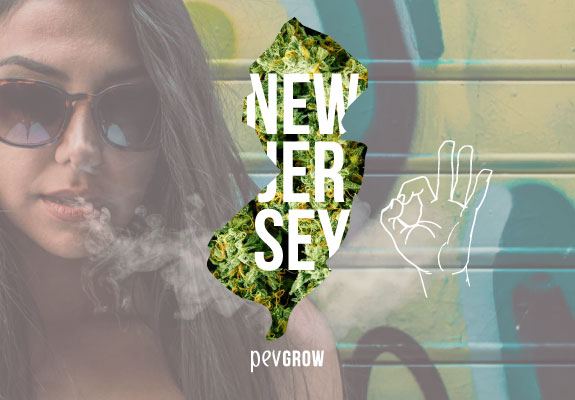 Mapa de New Jersey relleno de plantas de marihuana con un fondo de un hombre encarcelado