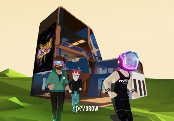 Image of Pevgrow, the first virtual grow shop in the Decentraland metaverse with people moving around with virtual reality goggles.