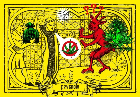 Imagen de un santo frente al demonio debatiendo sobre la prohibicion del cannabis