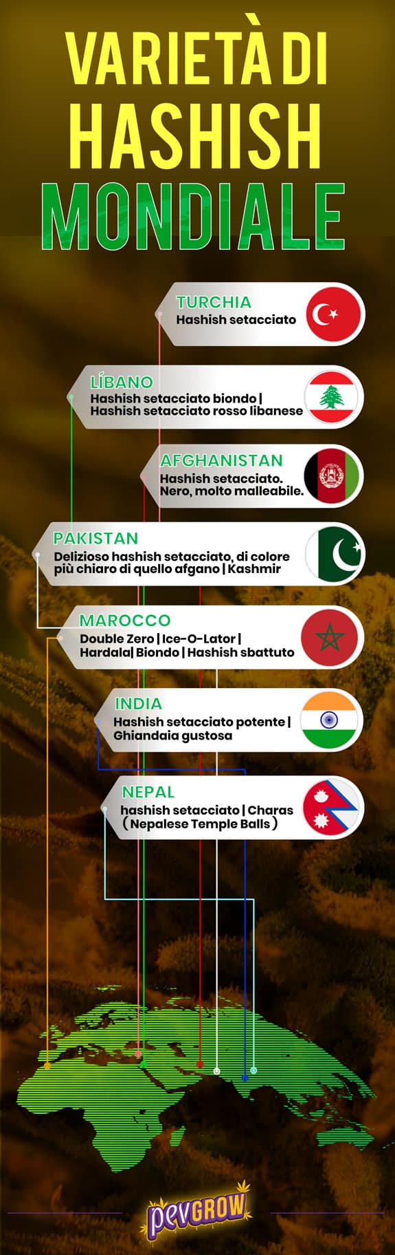 Infografica sulle varietà di hashish nel mondo.