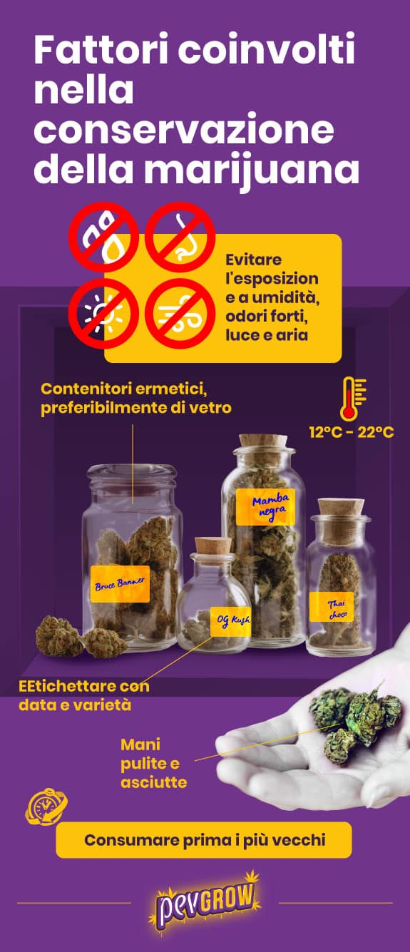 Immagine di sintesi dei fattori coinvolti nella conservazione della marijuana