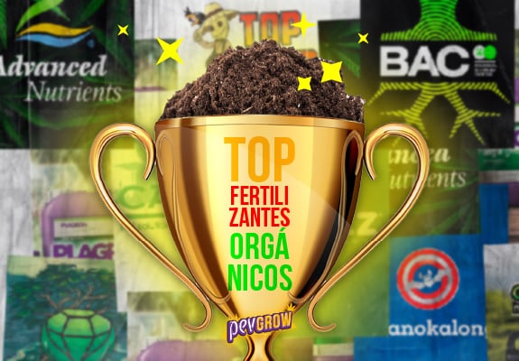 Un trofeo representando los mejores fertilizantes orgánicos y de fondo un mural con las marcas de fertilizantes