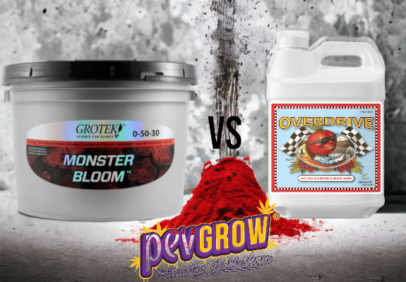 Image of the two products: Monster Bloom and Overdrive separated by an erupting volcano