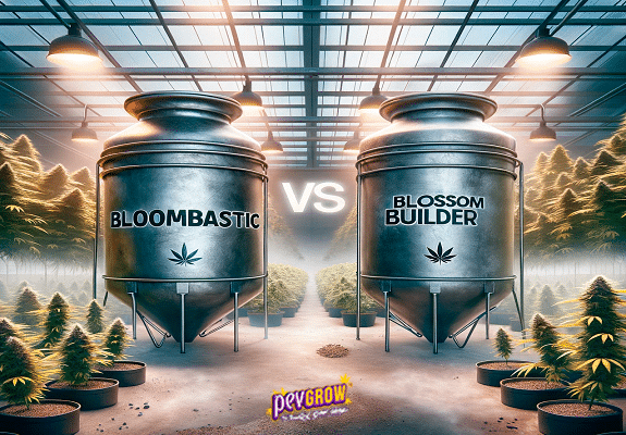 Due grandi contenitori rappresentanti uno il prodotto Bloombastic, l'altro Blossom Builder in mezzo a una coltivazione indoor di marijuana