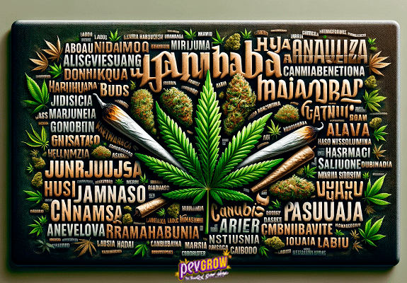 Various names of marijuana written amidst several green marijuana leaves with a purple leaf in the center