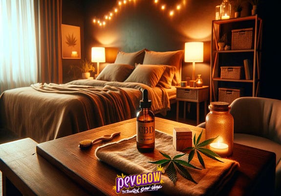 A subtly lit room and in the foreground a small table with a small jar of CBD