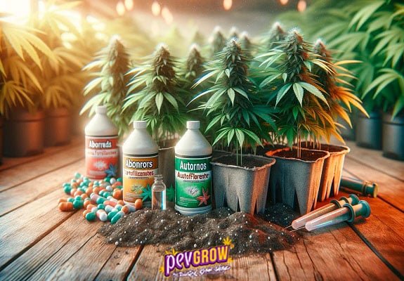 Verschiedene selbstblühende Marihuanapflanzen in Töpfen umgeben von verschiedenen Arten von Nährstoffen, in Flaschen, in Kapseln, Erde...