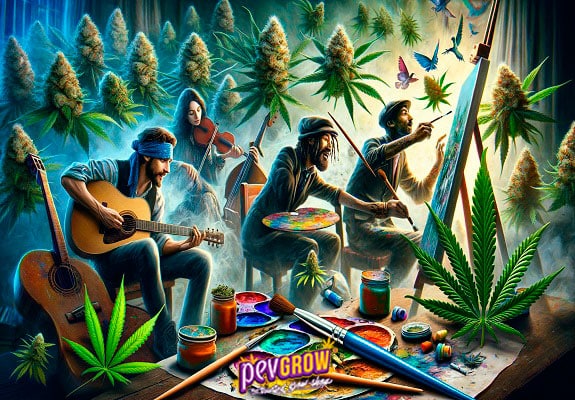 Plusieurs personnes représentant l'art, un homme jouant de la guitare, une femme violoniste et deux peintres, tous entourés de bourgeons de marijuana