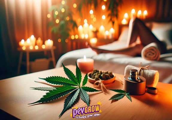 Ein Zimmer im Halbdunkel beleuchtet von unzähligen Kerzen, und im Vordergrund auf einem Tisch, einige Cannabisblüten, ein Marihuanablatt
