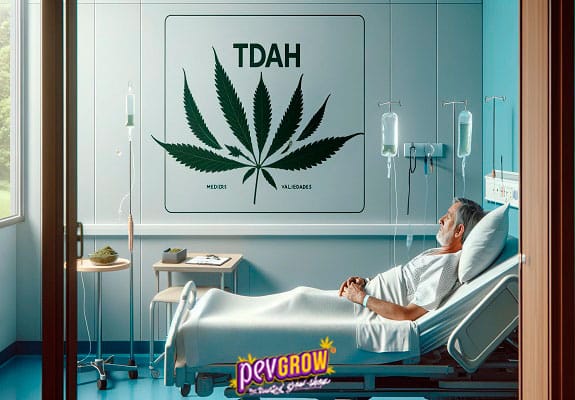 Una stanza d'ospedale dove giace un paziente e sul tavolino ci sono dei boccioli di marijuana così come un poster sullo sfondo con le lettere ADHD sopra una foglia di cannabis