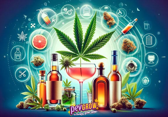A marijuana leaf crowning a glass of liquor, surrounded by other bottles of alcohol and with an aura of white light and other images