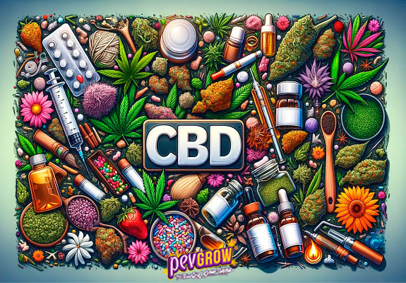 Le lettere CBD su un manto di boccioli, foglie di marijuana, contagocce, siringhe, pillole...
