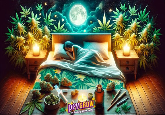 Una chica durmiendo y en el cabezal de su cama la luna iluminando un cultivo de plantas de marihuana