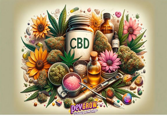 A jar of CBD and other forms of presentation amidst some buds and flowers
