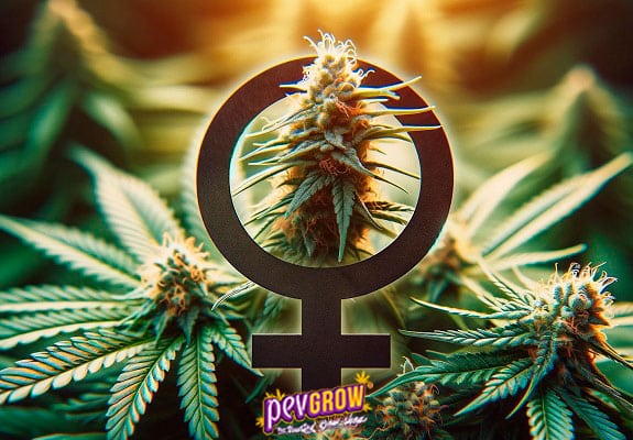 The female sex sign surrounded by marijuana plants
