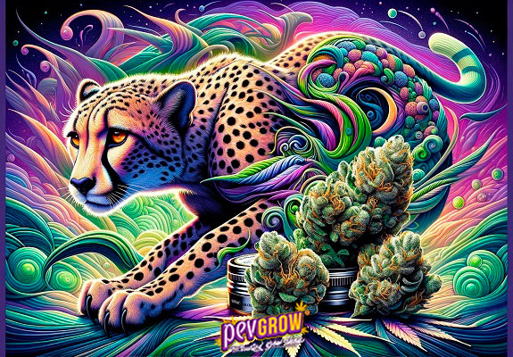 Cannabisblüten und dahinter ein schöner Gepard umgeben von mehrfarbigen Flammen