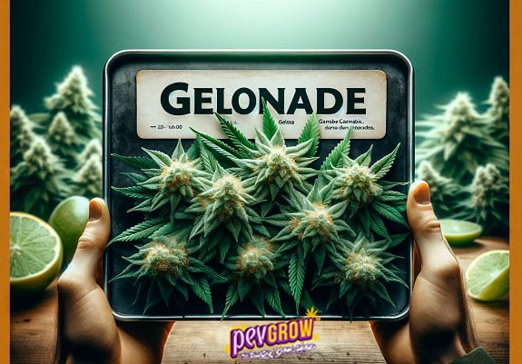 Hände, die ein Tablett mit Knospen mit dem Namen Gelonade halten, umgeben von Zitronenschnitzen und Marihuanapflanzen im Hintergrund