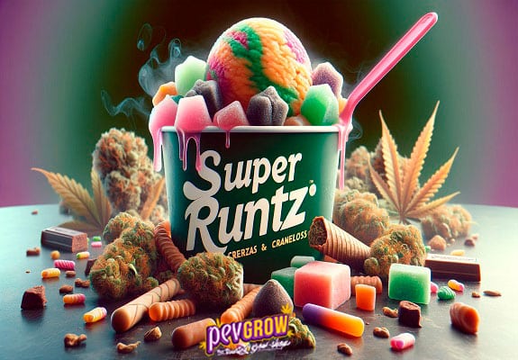 Un barattolo di gelato e caramelle di vari colori circondato da gomme da masticare, cime di marijuana su una superficie