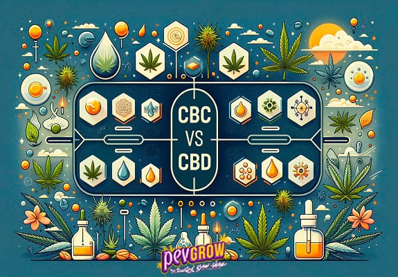 Schema comparativo del CBD e CBC con immagini intorno a foglie, prodotti…