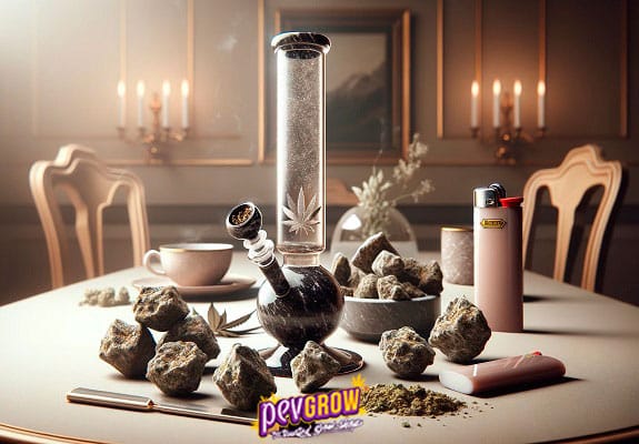 Uma mesa com um cachimbo, marijuana e moonrocks para uma experiência segura e prazerosa.