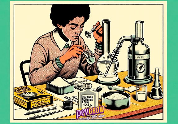 Imágen de una persona en una mesa de laboratorio sujetando un bong en la mano