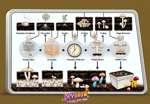 Una pantalla de computadora con un reloj al centro mostrando el ciclo de vida de los hongos mágicos
