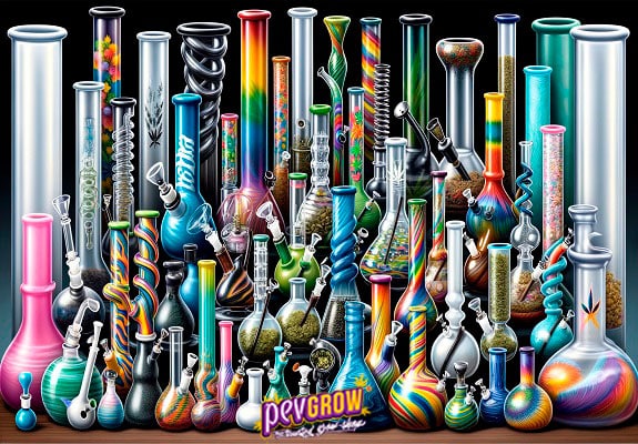 Imagem com vários tipos de bongs de diferentes tamanhos, cores, formas…