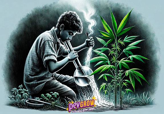 Imágen de un chico regando una planta de marihuana con el agua de un bong