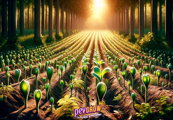 Image d'un champ de plantules de cannabis illuminé par un soleil radieux