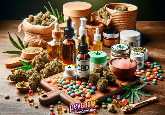 Image of various products sold at our GrowShop: flowers, oils, seeds, etc.