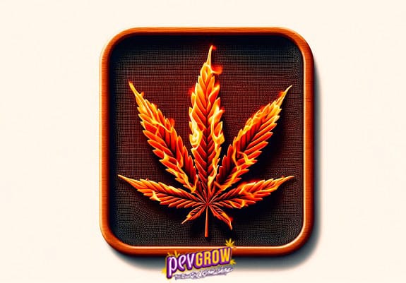 Uma folha de cannabis enrugada de cores intensas fogo como queimando-se, enquadrada dentro de um quadrado arredondado