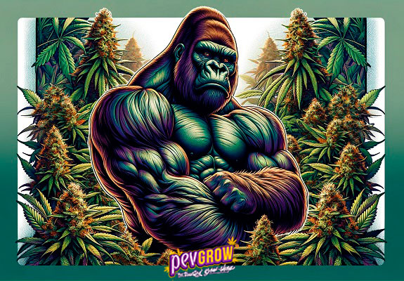 Illustrazione stilizzata di un gorilla muscoloso circondato da piante di cannabis rappresentando la varietà Gorilla Glue