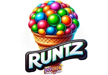 Uma colorida ilustração de um cone de waffle cheio de vibrantes esferas multicoloridas sobre o texto estilizado Runtz