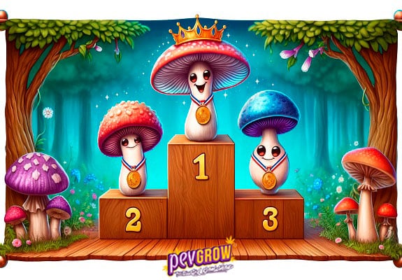 Bunte Illustration von animierten Pilzen auf einem Siegerpodest, wobei der größte Pilz mit einer Krone auf dem ersten Platz prangt.