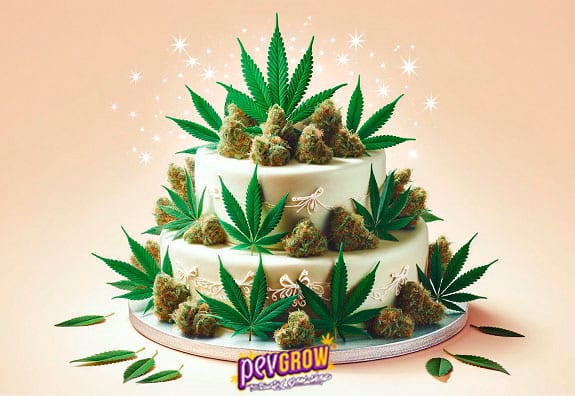 Um bolo de casamento decorado com folhas e botões de cannabis, apresentando a variedade Wedding Cake