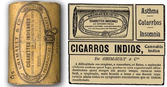 *Imagen de un paquete de cigarrillos de cannabis y belladona que se vendía en farmácias europeas en el siglo XIX*