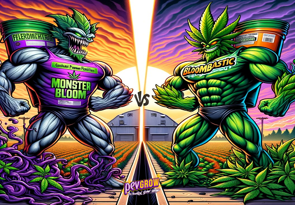 Two marijuana plants represented by two super monsters, one named Monster Bloom and the other Bloombastic facing off in the middle of a cannabis field